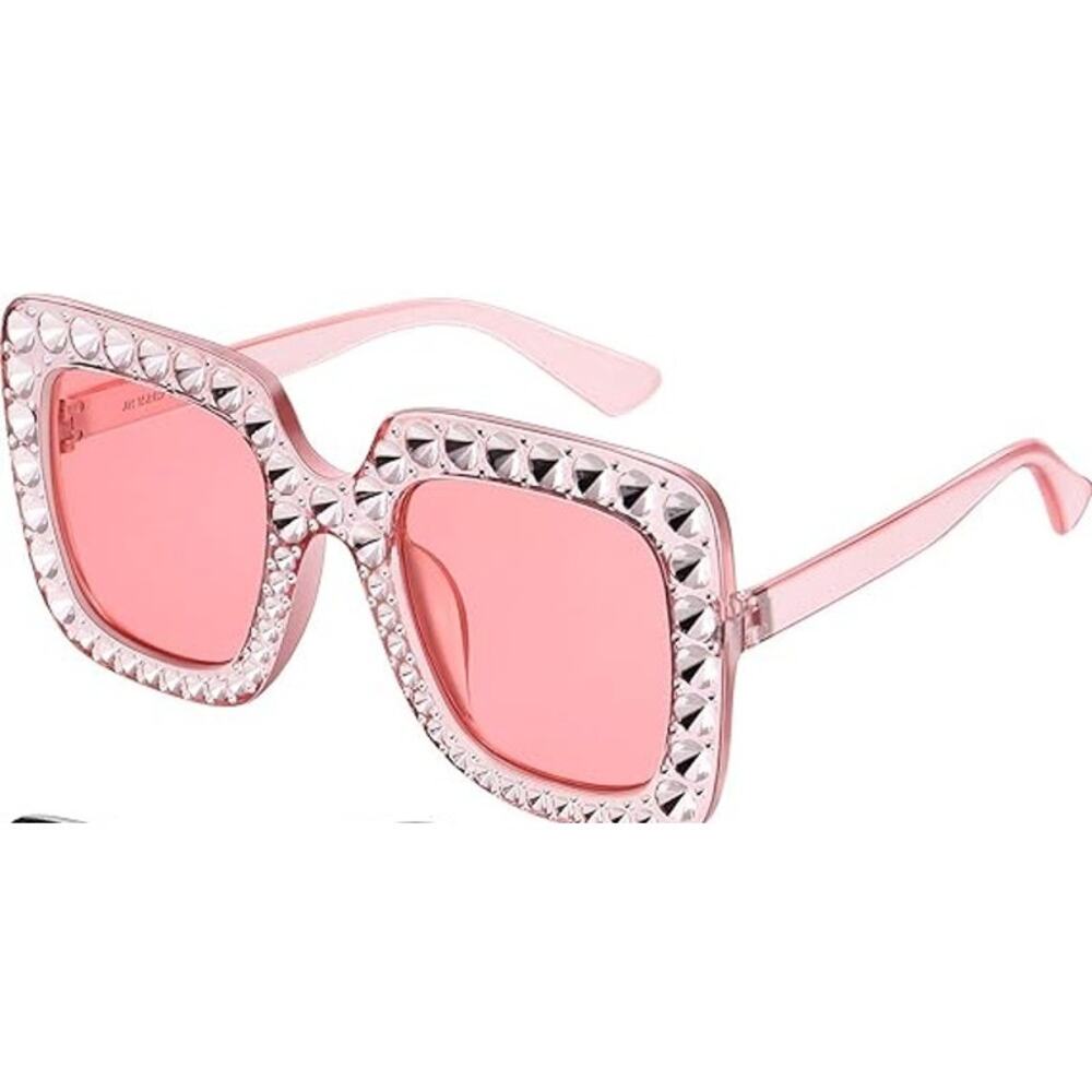 New Frienda Womens Pink Silver Rhinestones Oversized Square Sparkling Sunglasses